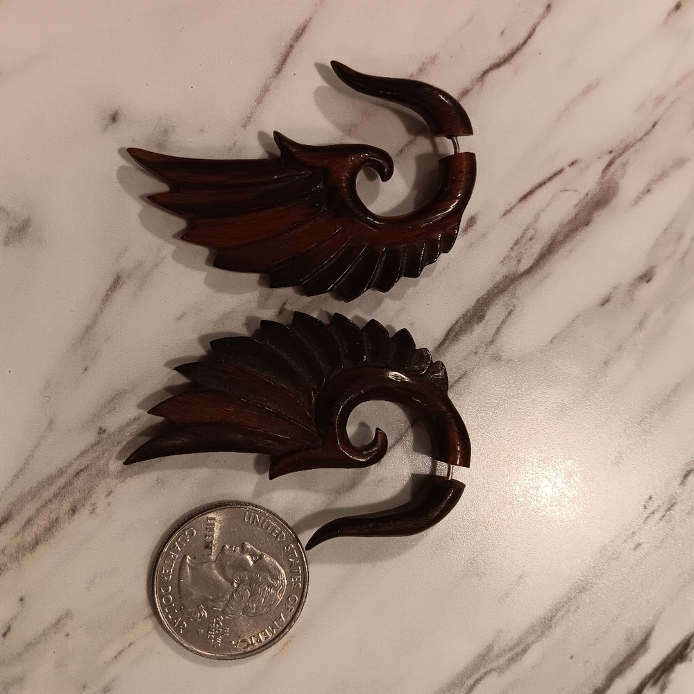 Hand Carved Wooden Wing Earrings